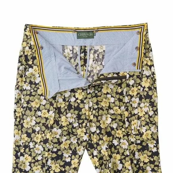 Mens Gurkha Pants 38 Green Yellow Black Floral Trousers Straight Fit Flat Front